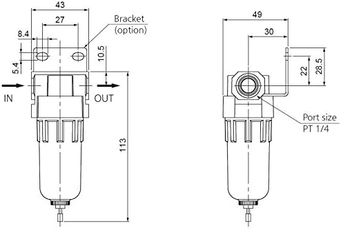 PneumaticPlus SAF200-N02B Miniature Compressed Air Particulate Filter 1/4" NPT - Poly Bowl, Manual Drain, Bracket