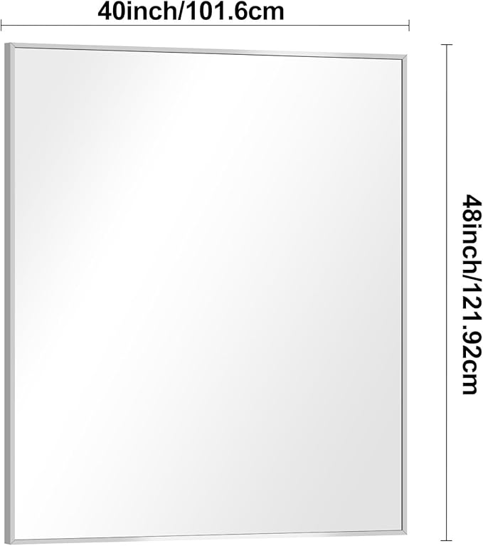 Silver Bathroom Mirror,40x48 inch Wall Mirror for Bathroom Wall Mounted,Large Rectangle Mirror for Bathroom Over Sink,Modern Metal Frame for Living Room,Bedroom Entryway,Horizontal/Vertical