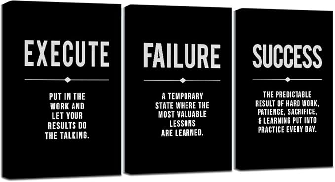 Framed Canvas Wall Art Success Quote, Office Wall Art, Black Large Poster, Positive Motivational Set of 3 Prints, Execute Failure Definition, Inspirational Print (A-3pcs,24x36inchx3pcs)