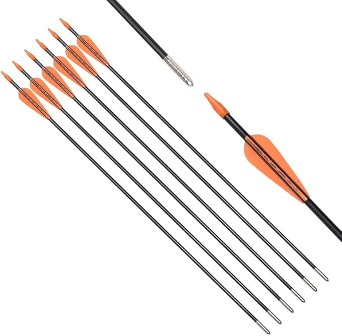 6875 Fiberglass Arrows Archery 24/26/28/30 Inch Target Shooting Safetyglass Recurve Bows Suitable for Youth Children Woman Beginner 6 or 12pcs/Pack (tigerspot Orange Vanes)