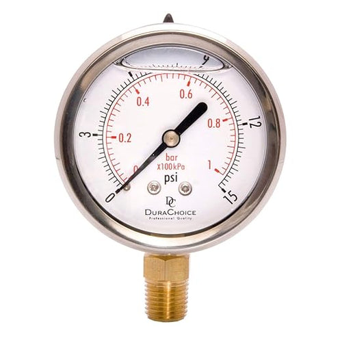 2-1/2" Oil Filled Pressure Gauge - Stainless Steel Case, Brass, 1/4" NPT, Lower Mount Connection, 0-15PSI