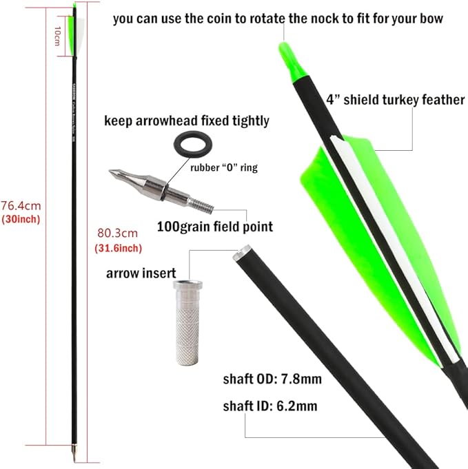 ZSHJGJR 30 Inch Archery Carbon Arrows Hunting Arrows with 4” Turkey Feather Target Practice Arrows Spine 500 for Compound & Recurve &Traditional Bow 6/12pcs