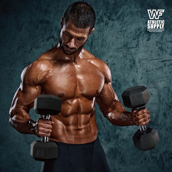 WF Athletic Supply Rubber Encased Hex Dumbbells with Rubber Grip Contoured Handle for Muscle Toning, Strength Building & Full Body Workout