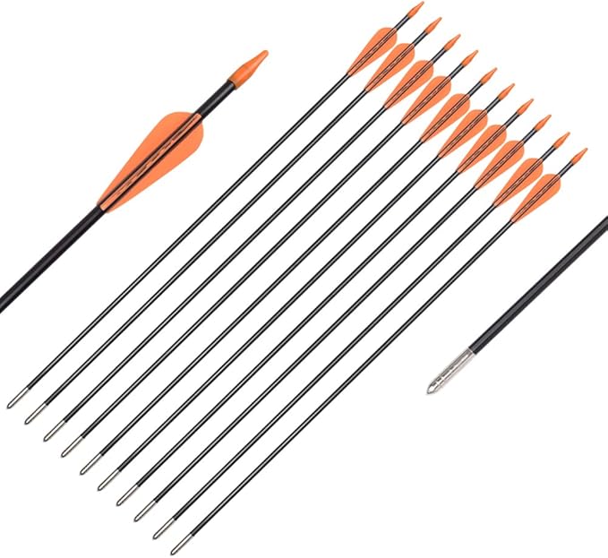 6875 Fiberglass Arrows Archery 24/26/28/30 Inch Target Shooting Safetyglass Recurve Bows Suitable for Youth Children Woman Beginner 6 or 12pcs/Pack (tigerspot Orange Vanes)