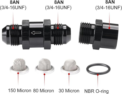 8AN Inline Fuel & Oil Feed Filter Set with 30 80 150 Micron Elements Aluminum Black