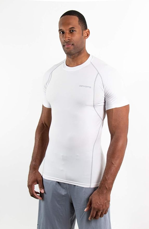 DEVOPS 3 Pack Men's Cool Dry Short Sleeve Compression Shirts, Sports Baselayer T-Shirts Tops, Athletic Workout Shirt