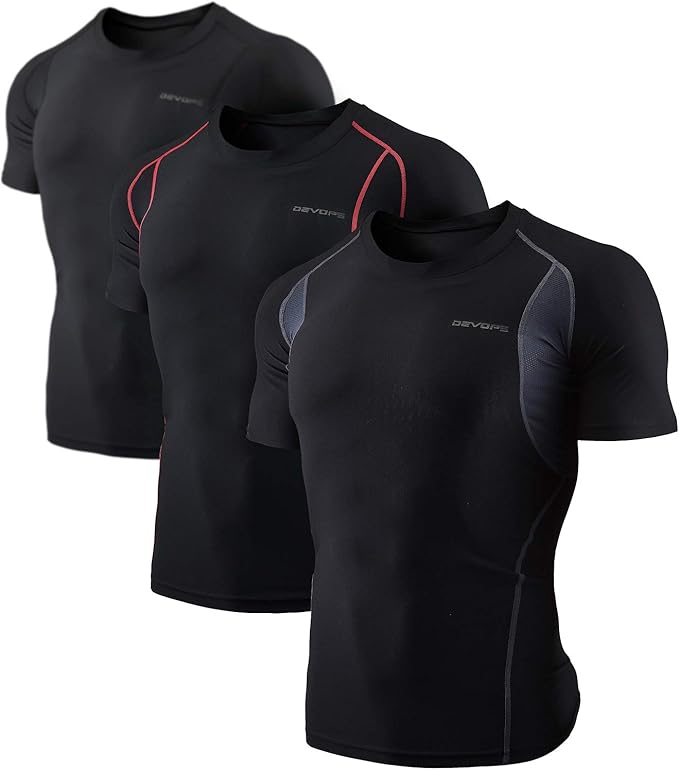DEVOPS 3 Pack Men's Cool Dry Short Sleeve Compression Shirts, Sports Baselayer T-Shirts Tops, Athletic Workout Shirt