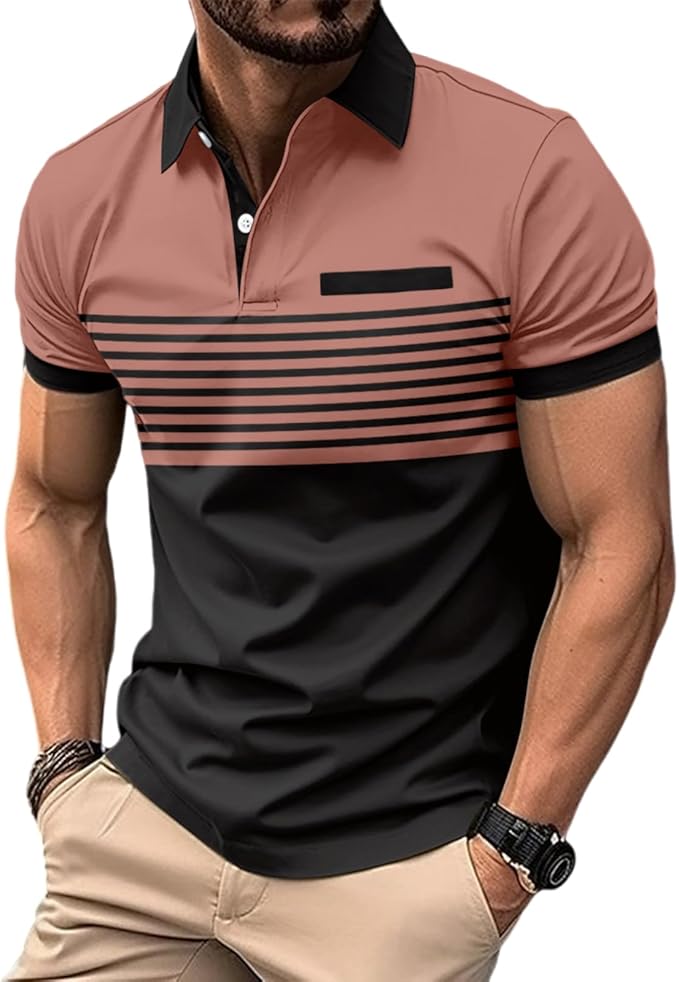 Men's Casual Polo Shirts Short Sleeve Fashion Golf Shirt Classic Striped Slim Fit T-Shirts