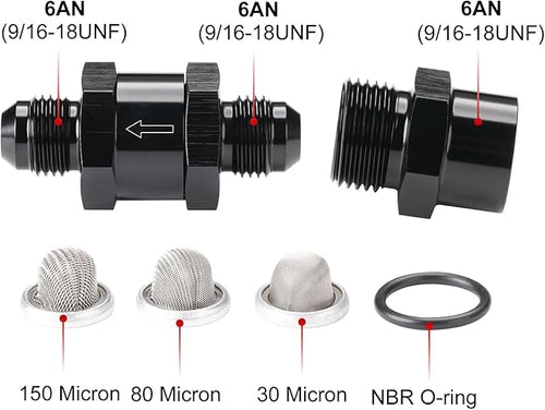 6AN Inline Fuel & Oil Feed Filter Set with 30 80 150 Micron Elements Aluminum Black
