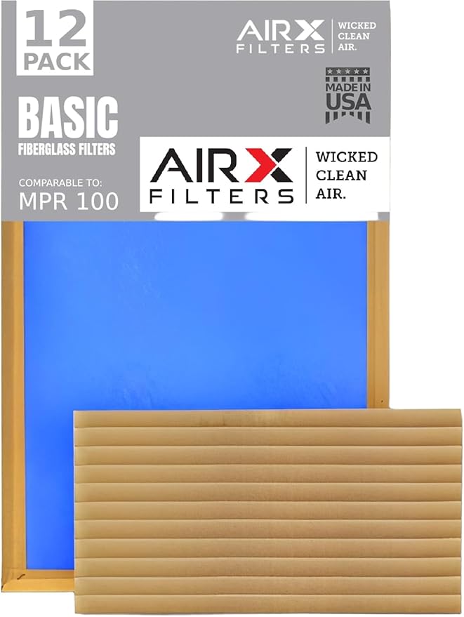 15x20x1 Air Filter Comparable to MPR 100 Basic Economy Furnace Filters, 12 Pack of Non Pleated Fiberglass Filter For Dust - Low Airflow Restriction! From AIRX FILTERS WICKED CLEAN AIR.