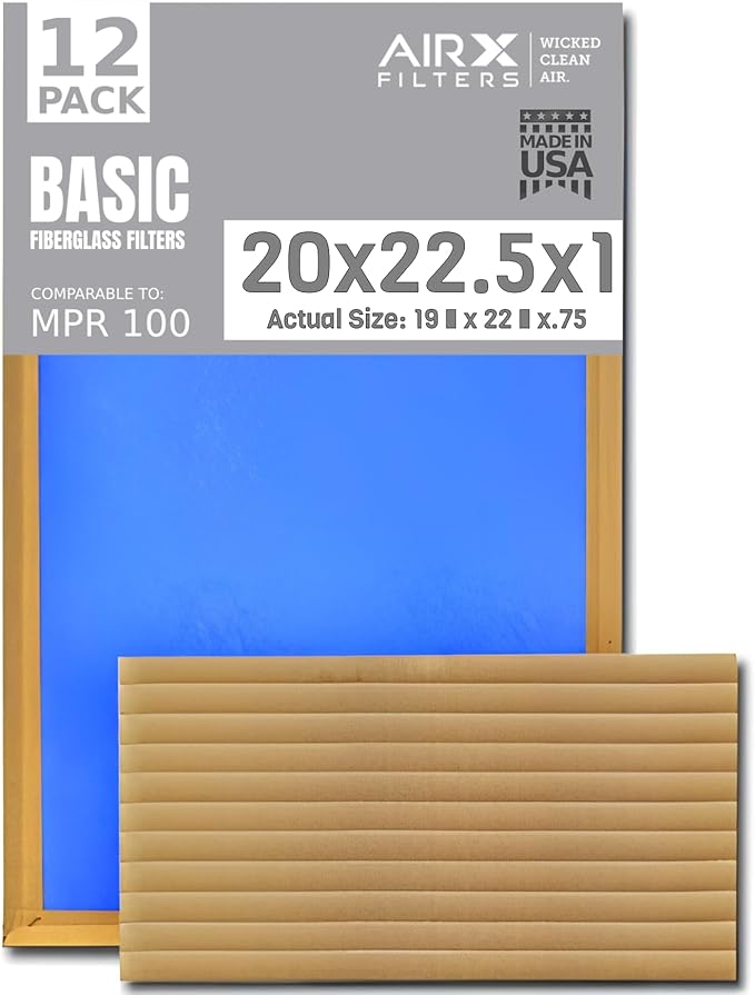 20x22.5x1 Air Filter Comparable to MPR 100 Basic Economy Furnace Filters, 12 Pack of Non Pleated Fiberglass Filter For Dust - Low Airflow Restriction! From AIRX FILTERS WICKED CLEAN AIR.