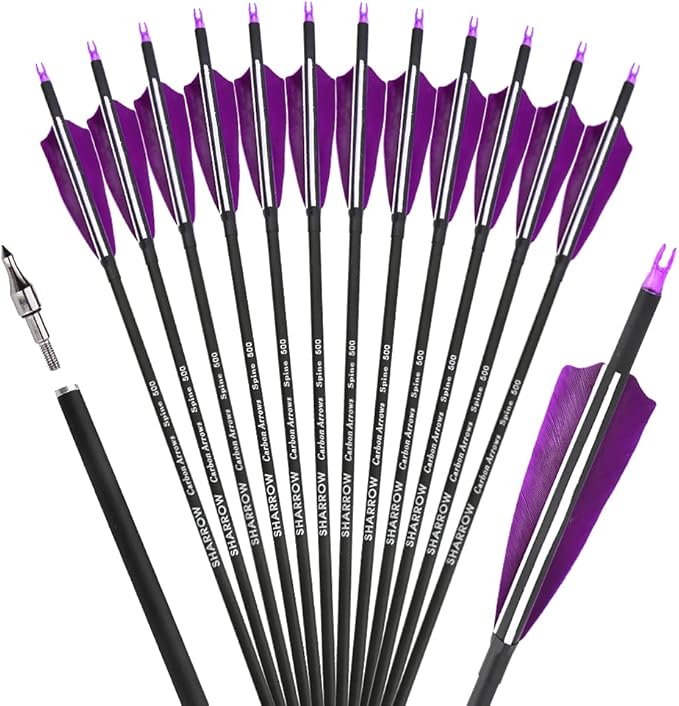 ZSHJGJR 30 Inch Archery Carbon Arrows Hunting Arrows with 4” Turkey Feather Target Practice Arrows Spine 500 for Compound & Recurve &Traditional Bow 6/12pcs