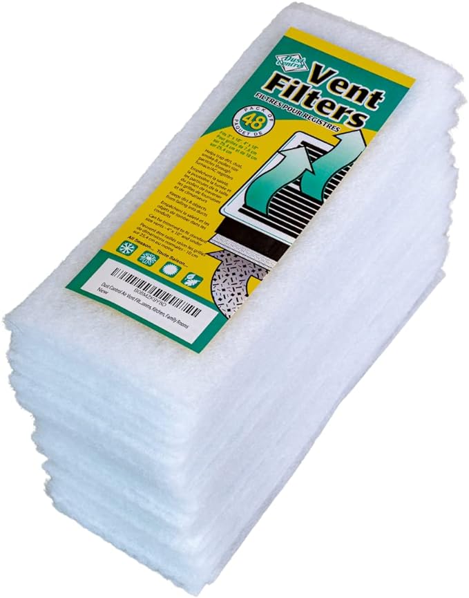 Vent Filters - Pack of 48 | Traps Dirt, Dust, Smoke, Pollen Size Particles | Provides Fresh, Filtered Air for Bathrooms, Bedrooms, Kitchen, Family Rooms.
