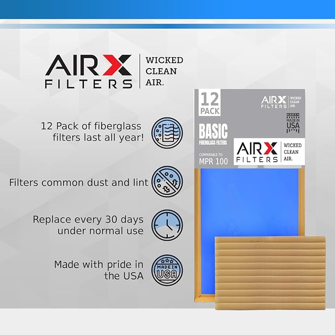 12x20x1 Air Filter Comparable to MPR 100 Basic Economy Furnace Filters, 12 Pack of Non Pleated Fiberglass Filter For Dust - Low Airflow Restriction! From AIRX FILTERS WICKED CLEAN AIR.