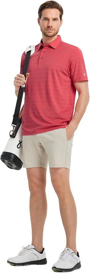 Rouen Polo Shirts for Men Dry Fit Performance Heather Stripe Golf Polo Moisture Wicking Lightweight Breathable Golf Shirts