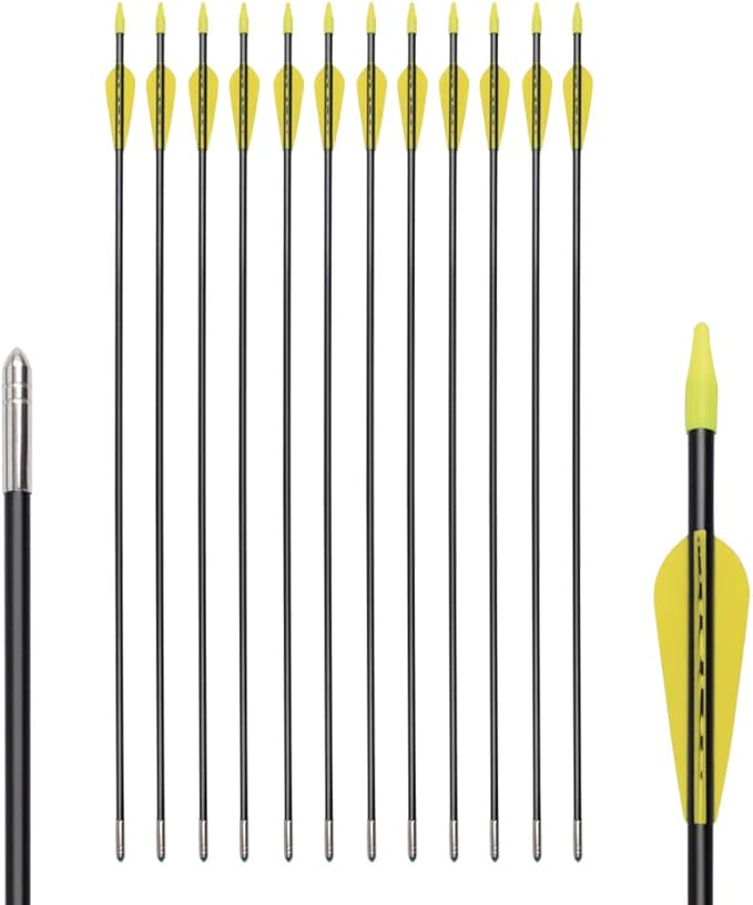 6875 Fiberglass Arrows Archery 24/26/28/30Inch Target Shooting Safetyglass Recurve Bows Suitable for Youth Children Woman Beginner (tigerspot Yellow Vanes)