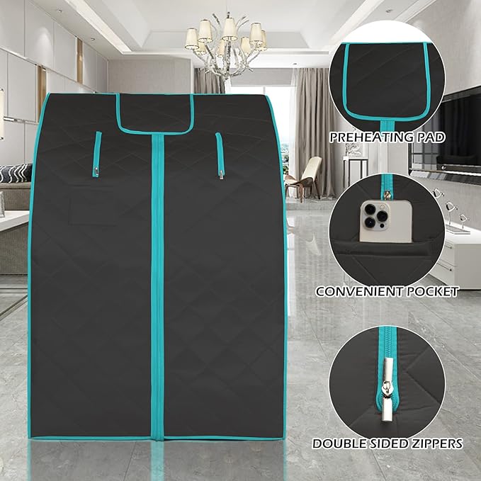 Smartmak Far Infrared Sauna, Full Body One Person Portable SPA Set with Time & Tempreture Remote Control, Heating Foot Pad and Foldable Reinforced Chair (L 27.6’’ x W 31.5’’ x H 37.8’’) - Black