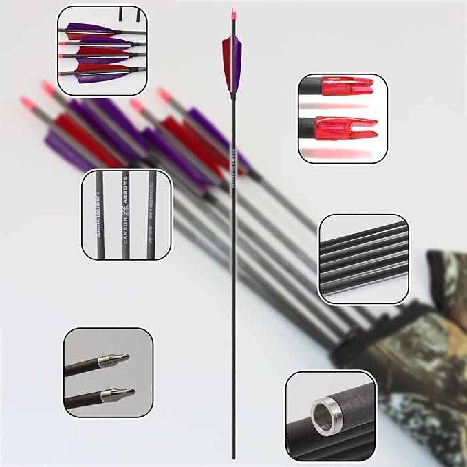 600 Spine Pure Carbon Arrows with Real Turkey Feathers Removable 100 Grain Tips Plastic Nocks for Archery Target Hunting