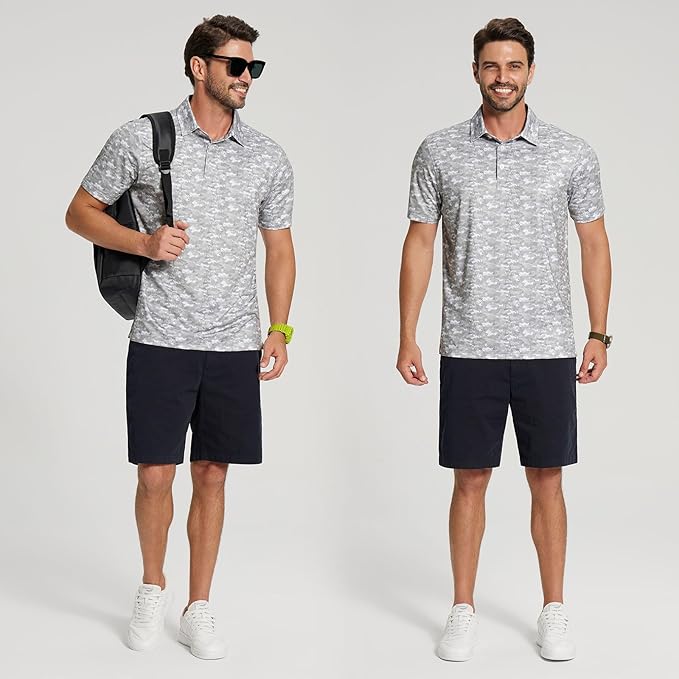 Golf Shirts for Men - Moisture Wicking Short Sleeve Performance Sport Casual Striped Collared Mens Polo Shirt
