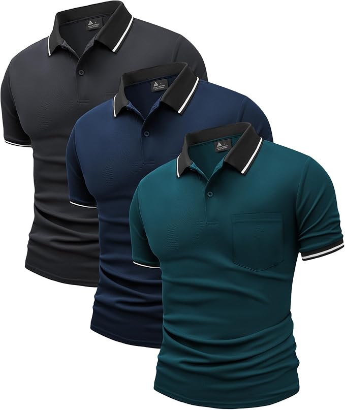 ZITY 3 Pack Men Polo Shirts Short Sleeve with Pocket Sport Wicking Shirts for Men Casual Athletic Collared T-Shirts