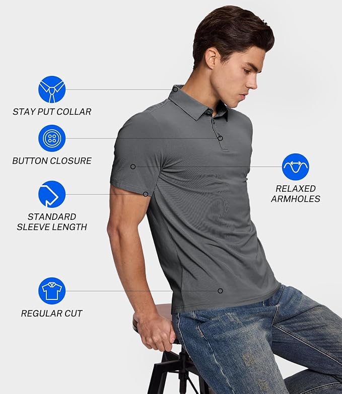 BAMBOO COOL Men's Polo Shirts Slim Fit Moisture Wicking Golf Shirts Performance Short Sleeve for Men