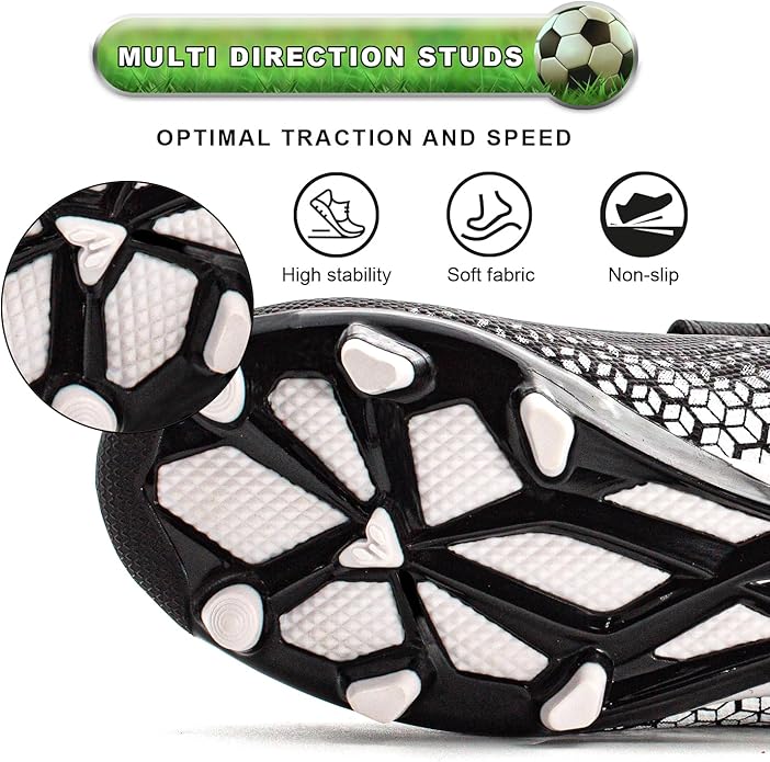 RUNIC Kids Soccer Cleats for Boys and Girls - Small and Big Kid Athletic Outdoor Football Shoes - Firm Ground - Hook and Loop Closure - Black/Gold