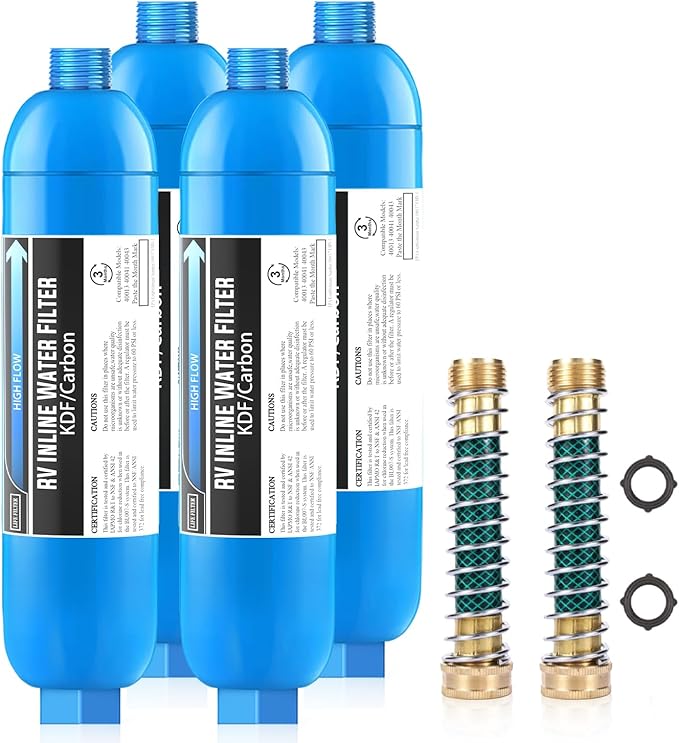 Lifefilter RV Inline Water Filter, NSF Certified, Reduces Chlorine, Bad Taste, Odor, Dedicated for RVs and Marines,4 Pack Drinking Filter with 2 Flexible Hose Protector