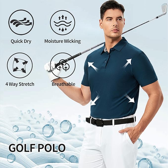Damipow Premium Golf Shirts for Men Dry Fit Performance Polo Short Sleeve Collared Shirt