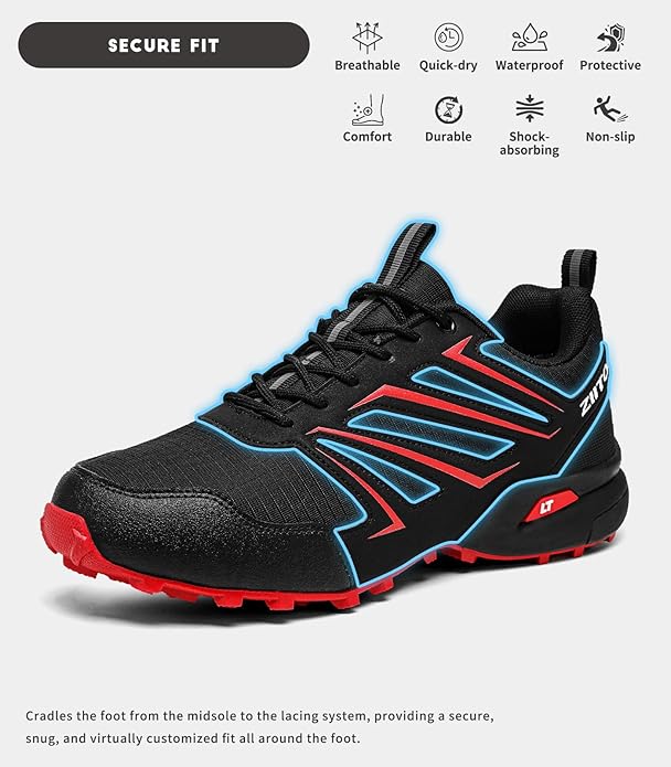Mens Trail Running Shoes Waterproof Non-Slip Hiking Walking Sneakers for Outdoor Trailing Trekking Camping Quest Black