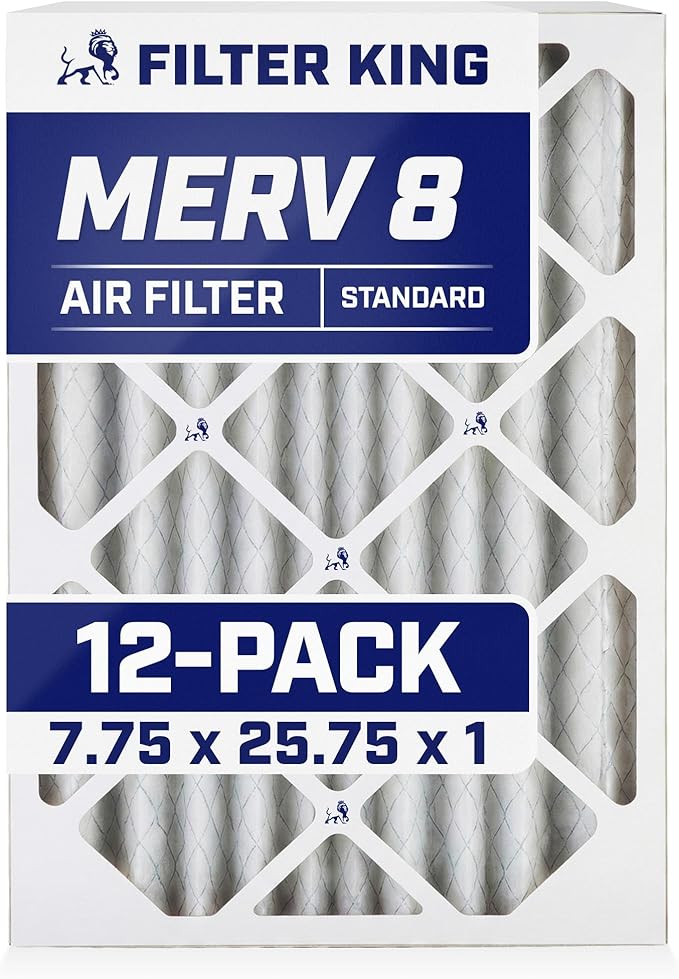 Filter King Air Filters 7.75x25.75x1 | 12 Pack | MERV 8 HVAC Pleated AC Furnace Filters | Air Purifier | Replacement Filters for Clean, Healthy & Fresh Environment | MADE IN USA