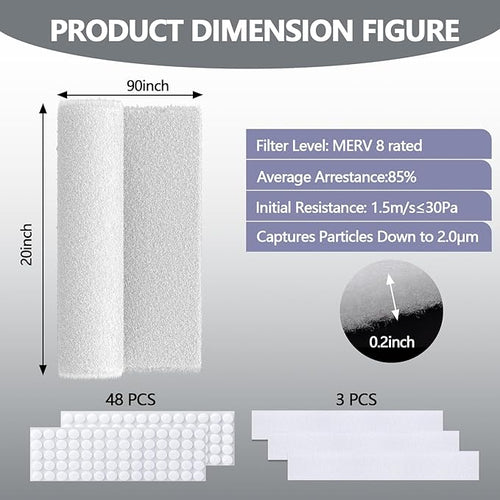 20" x 90" Air Vent Filters, with 48Pcs Adhesive Hook Tape, Cut to Size Air Filter Material HVAC Furnace Filters Kit MERV 8 Triple Vent Filter for Home Floor Register, Ceiling, Grilles