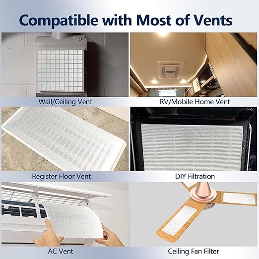 MERV 8 Air Vent Filters, 12" x 120"Cut to Fit Air Filter Material (60+ Filters),Electrostatic Triple Vent Filter for Floor, Ceiling, HVAC Furnace Vents, Includes 48 Adhesive Hook Tape