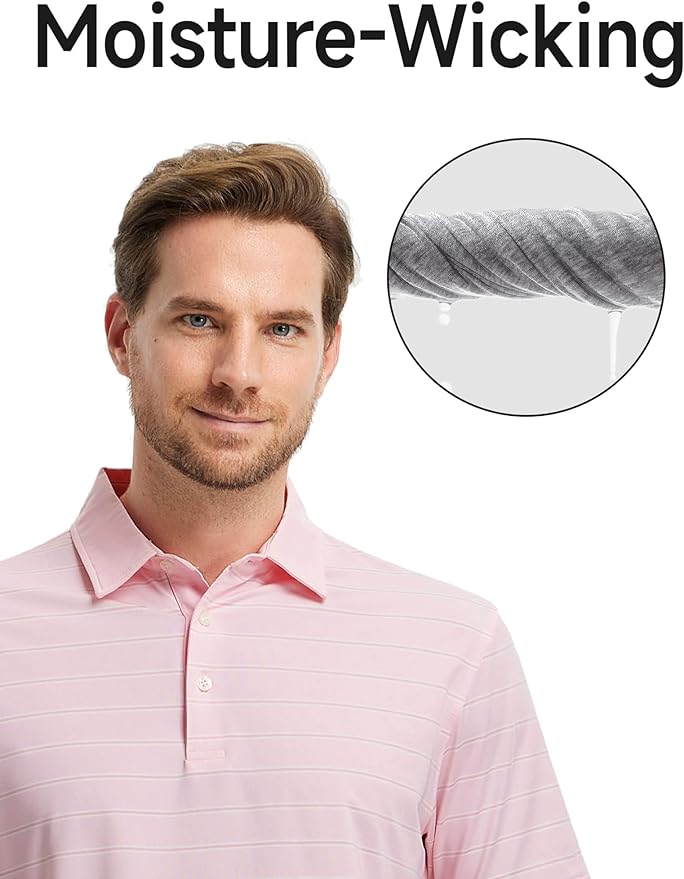 Rouen Polo Shirts for Men Dry Fit Performance Heather Stripe Golf Polo Moisture Wicking Lightweight Breathable Golf Shirts