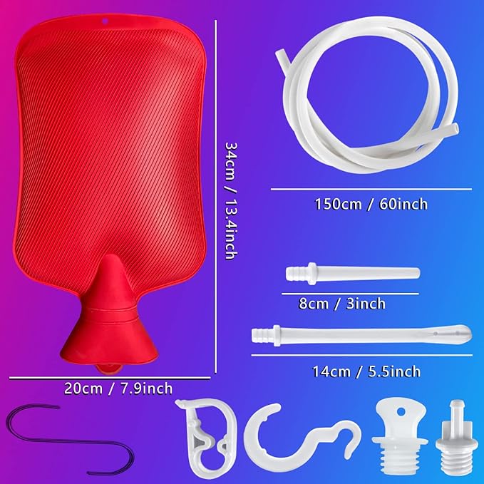 2L Home Enema Bag Kit with 2 Tips, 60 Inch Silicone Hose, Controlable Flow Valve, Hot-Water Bottle for Colon Cleansing (Red)