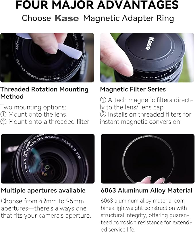 Kase 82mm Magnetic Adapter Ring, Aviation Aluminum 0.5s Snap-On Frame for CPL/ND/UV Filters, No Light Leak & Vignette, Ultra-Thin Stackable for DSLR Mirrorless Wide-Angle Vlog