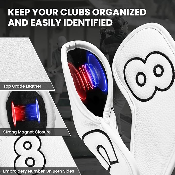 Golf Iron Covers Set Strong Magnetic Closure Value 10 Pack, Double Side Number Synthetic Leather Deluxe Club Headcover, Universal Head Cover Fit Main Irons Clubs for Women Men
