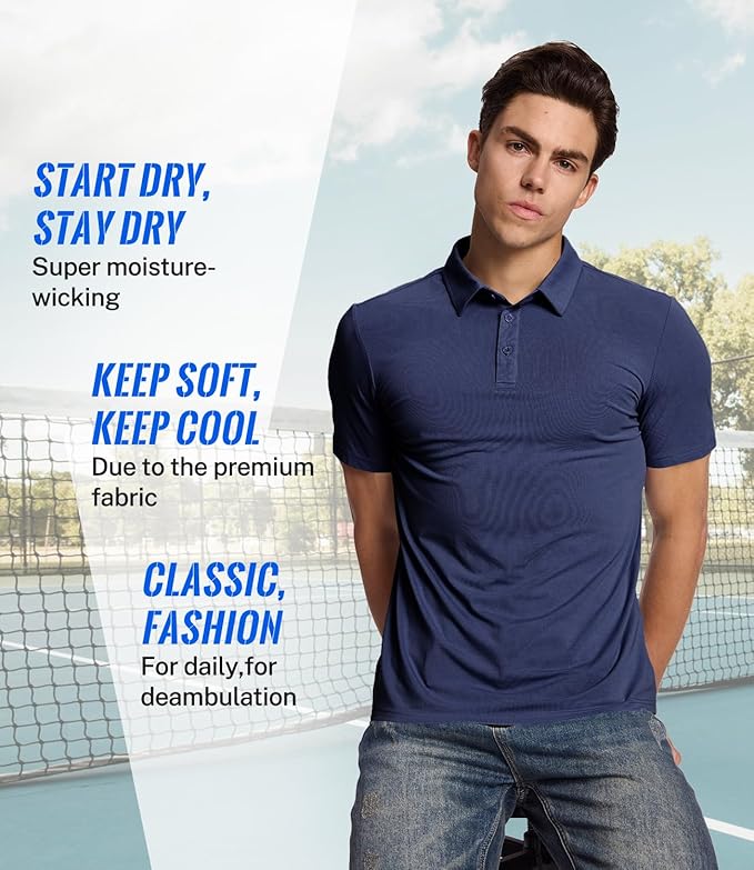 BAMBOO COOL Men's Polo Shirts Slim Fit Moisture Wicking Golf Shirts Performance Short Sleeve for Men