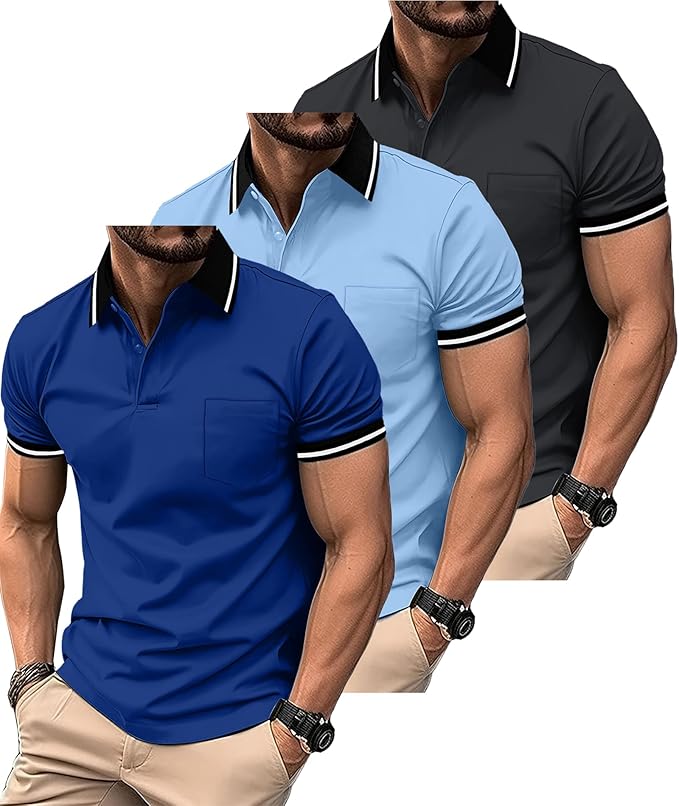 ZITY 3 Pack Men Polo Shirts Short Sleeve with Pocket Sport Wicking Shirts for Men Casual Athletic Collared T-Shirts
