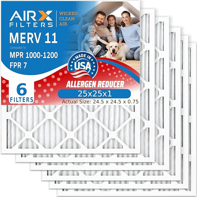 AIRX FILTERS WICKED CLEAN AIR. 25x25x1 Air Filter MERV 11 Electrostatic Pleated Air Conditioner Filter 6 Pack HVAC AC Furnace Filters