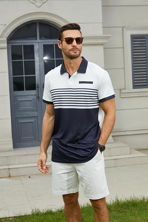 Men's Casual Polo Shirts Short Sleeve Fashion Golf Shirt Classic Striped Slim Fit T-Shirts
