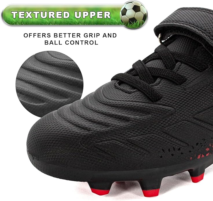 RUNIC Kids Soccer Cleats for Boys and Girls - Small and Big Kid Athletic Outdoor Football Shoes - Firm Ground - Hook and Loop Closure - Black/Gold