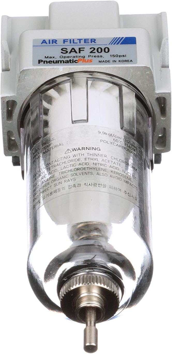 PneumaticPlus SAF200-N02B Miniature Compressed Air Particulate Filter 1/4" NPT - Poly Bowl, Manual Drain, Bracket