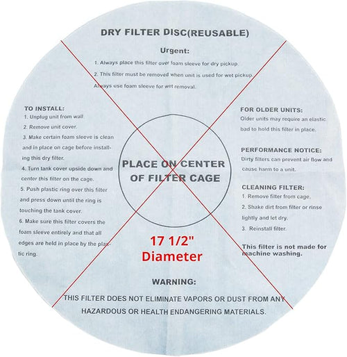 6 Dry Filter For Shop Vac with 2 Mounting Ring, 17.5" Inch Paper Reusable Dry Disc Filter Compatible with Shop Vac, Ridgid, Craftsman and Other Similar Wet Dry Vacuum Cleaners