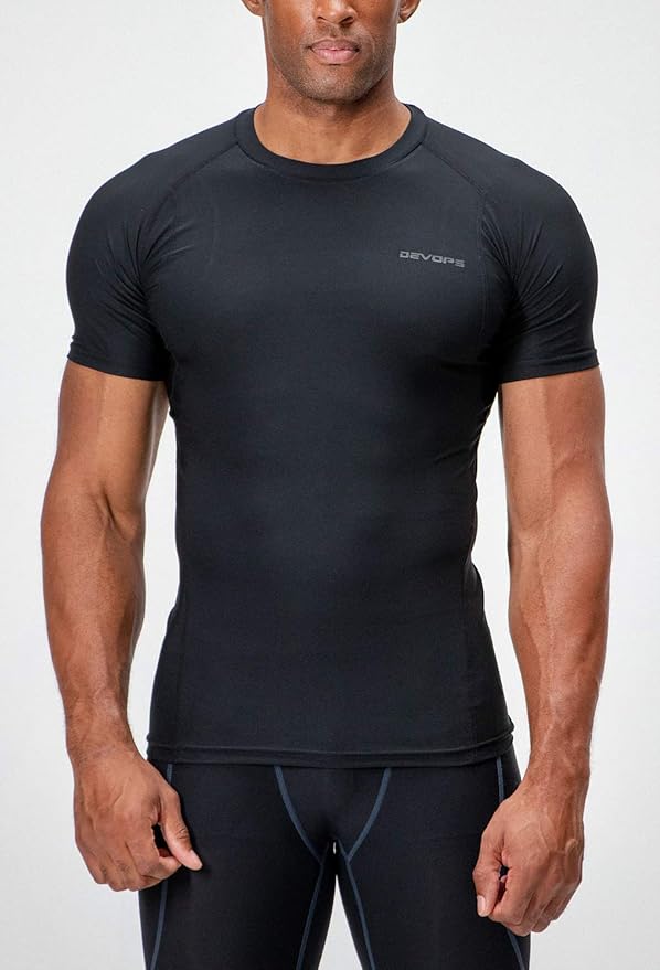 DEVOPS 3 Pack Men's Cool Dry Short Sleeve Compression Shirts, Sports Baselayer T-Shirts Tops, Athletic Workout Shirt