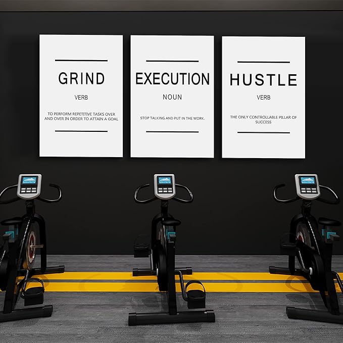 Framed Canvas Wall Art Success Quote, Office Wall Art, White Large Poster, Positive Motivational Set of 3 Prints, Grind Execution Hustle Poster, Inspirational Print