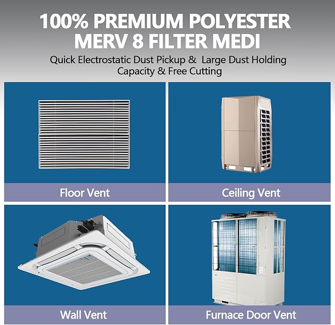 20" x 100" Air Vent Filters, with 48Pcs Adhesive Hook Tape, Cut to Size Air Filter Material HVAC Furnace Filters Kit MERV 8 Triple Vent Filter for Home Floor Register, Ceiling, Grilles
