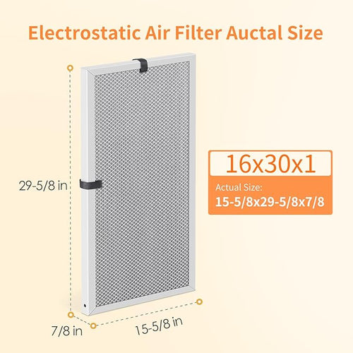 2-Pack 16x30x1 MERV 8 Reusable & Washable Electrostatic Air Filters - Long-Lasting Filter for HVAC, Furnace & Air Conditioner Units, Actual Size: 15-5/8” x 29-5/8” x 7/8”