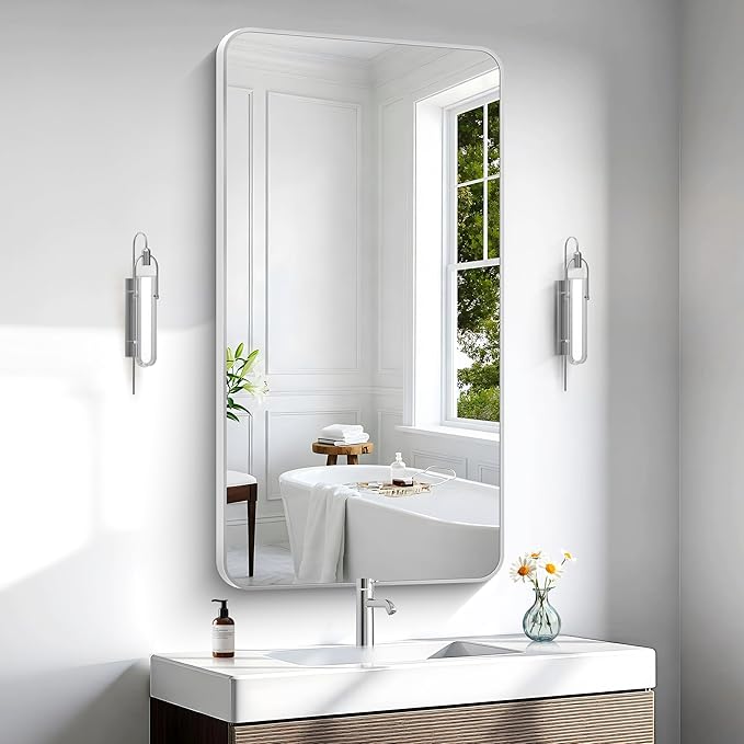Silver Bathroom Mirror,24x48 inch Wall Mirror for Bathroom Wall Mounted,Rectangle Mirror for Bathroom Over Sink,Modern Frame Round Corner for Living Room,Bedroom Entryway,Horizontal/Vertical
