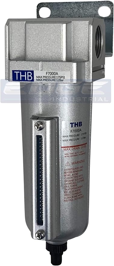 HEAVY DUTY INDUSTRIAL RATED HIGH FLOW PARTICULATE FILTER, IN-LINE WATER TRAP FOR COMPRESSED AIR LINE SYSTEMS, 5 MICRON WITH METAL BOWL AND AUTO DRAIN (3/4" NPT, 5oz)