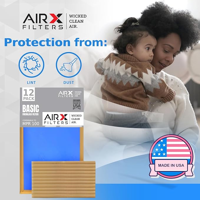 20x22.5x1 Air Filter Comparable to MPR 100 Basic Economy Furnace Filters, 12 Pack of Non Pleated Fiberglass Filter For Dust - Low Airflow Restriction! From AIRX FILTERS WICKED CLEAN AIR.